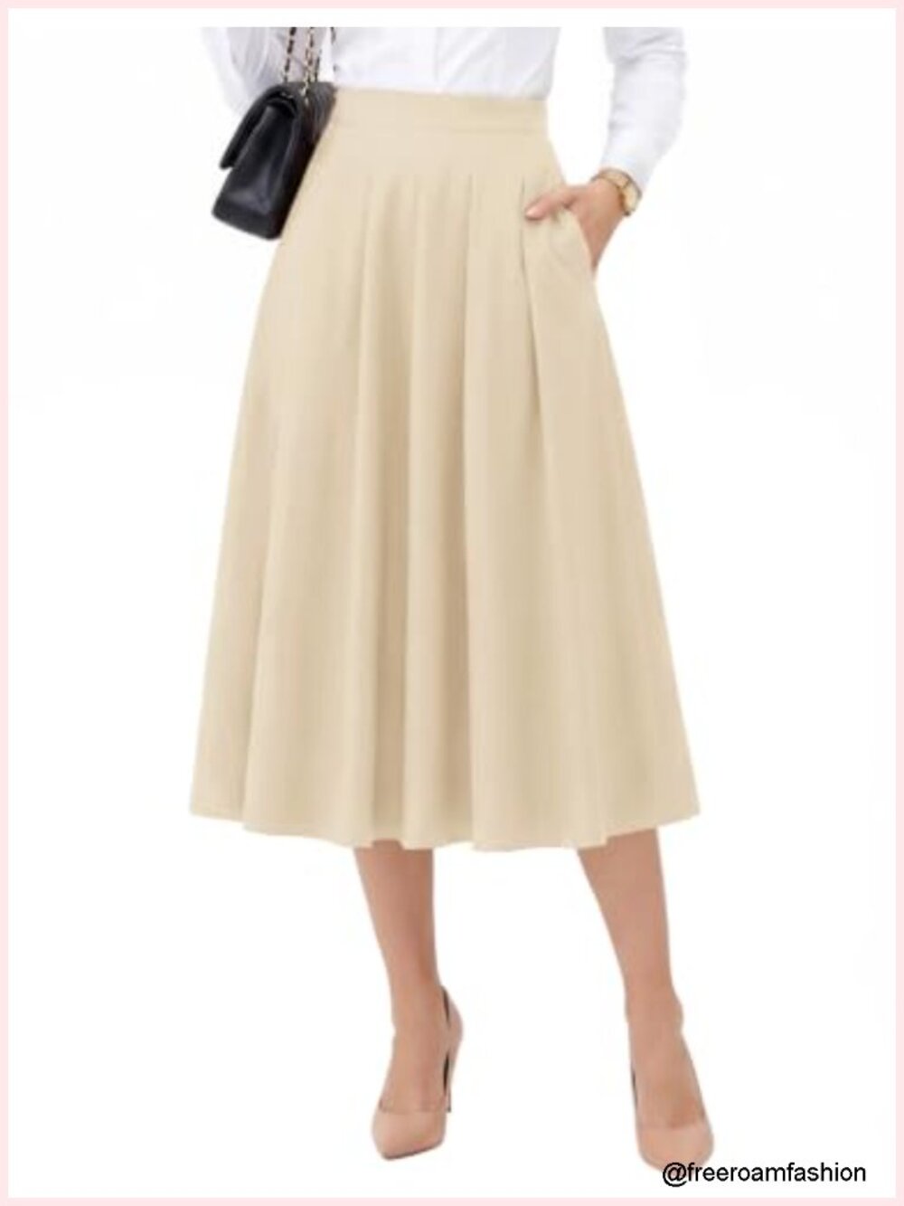 High Waist Pleated Midi Skirt with Pockets A-Line Flared Work Skirt